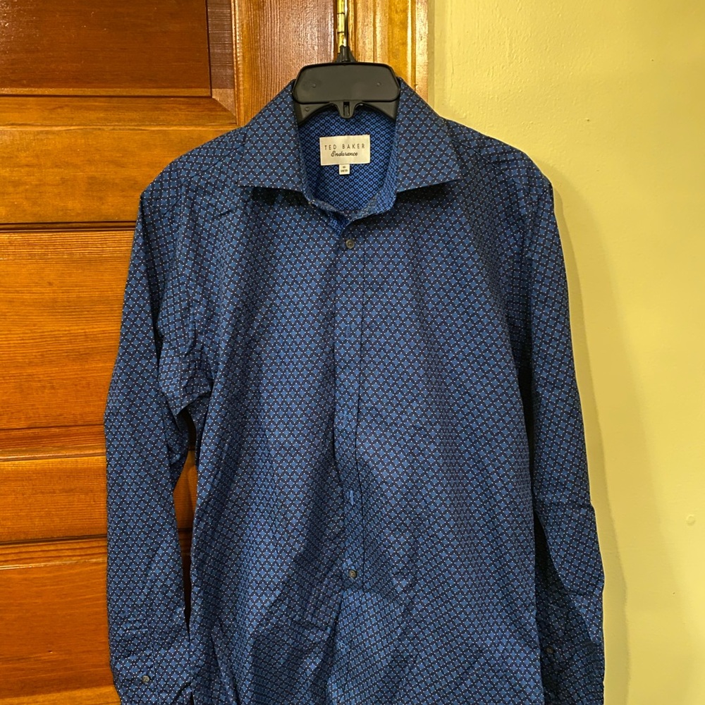 NWOT Ted Baker Endurance Men's Button Up Shirt Blue Geometric Shape Sz 15 34/35